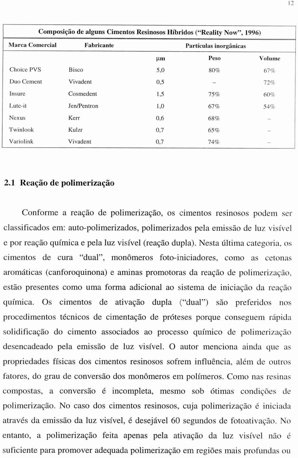 1 Reação de polimerização Conforme a reação de polimerização, os cimentos resinosos podem ser classificados em: auto-polimerizados, polimerizados pela emissão de luz visível e por reação química e