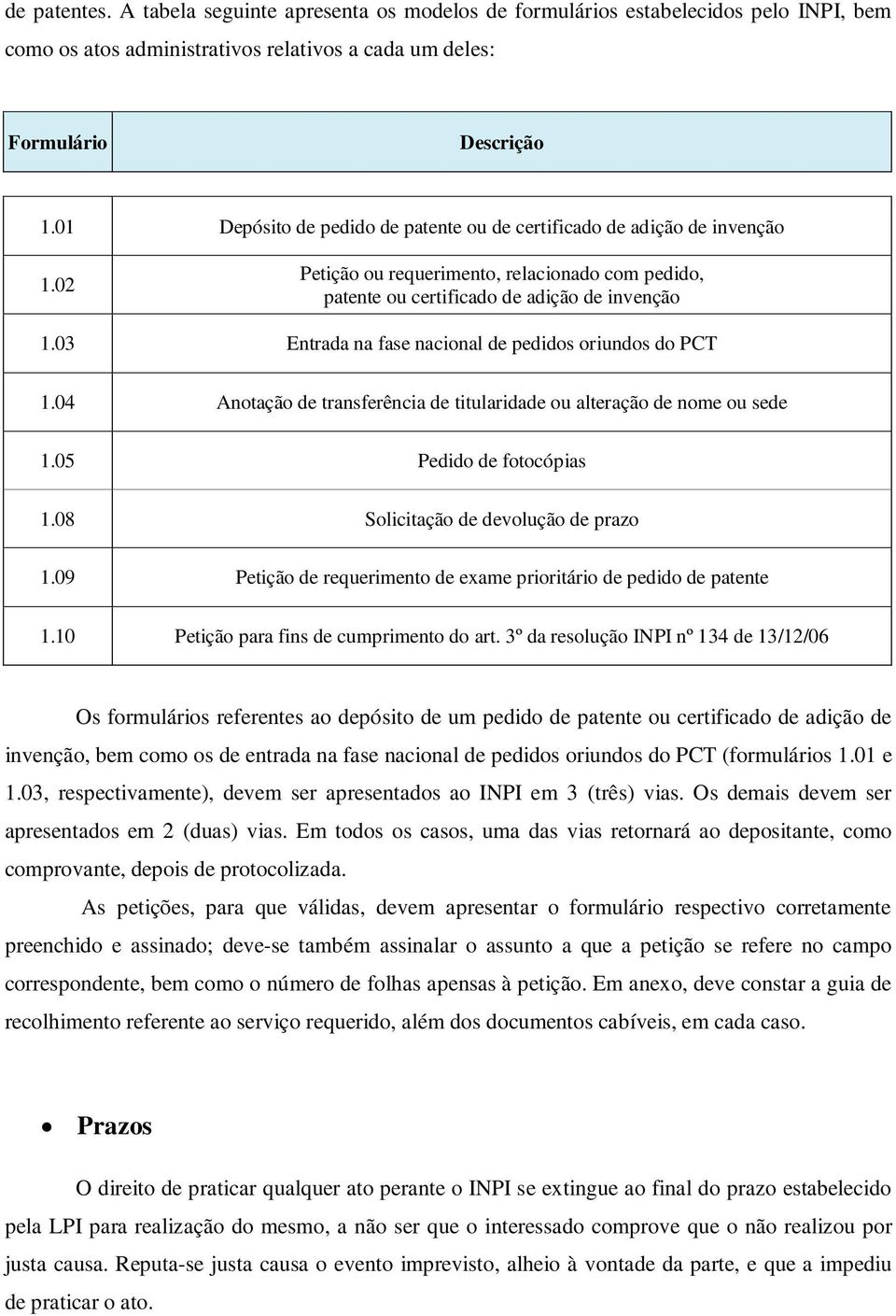 03 Entrada na fase nacional de pedidos oriundos do PCT 1.04 Anotação de transferência de titularidade ou alteração de nome ou sede 1.05 Pedido de fotocópias 1.08 Solicitação de devolução de prazo 1.