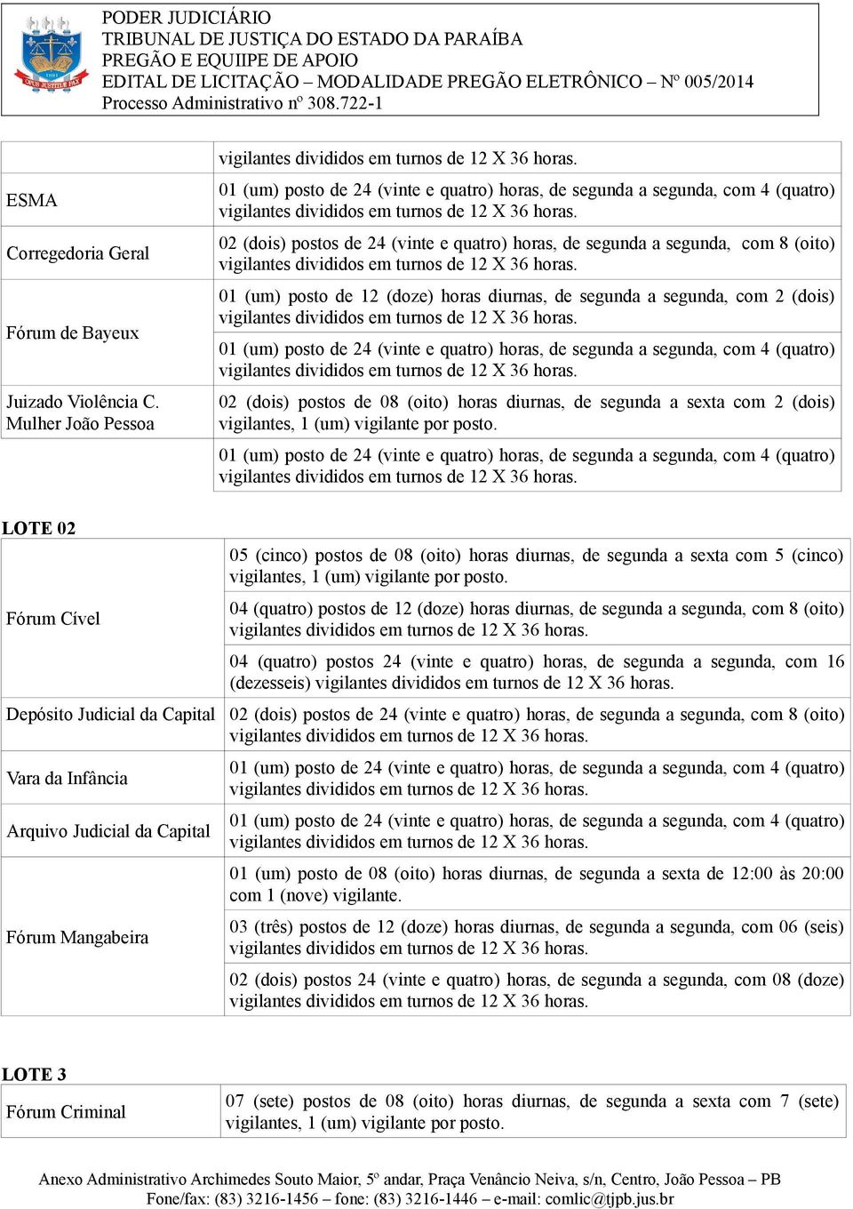 02 (dois) postos de 24 (vinte e quatro) horas, de segunda a segunda, com 8 (oito) vigilantes divididos em turnos de 12 X 36 horas.