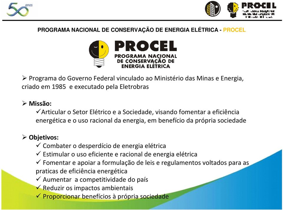 sociedade Objetivos: Combater o desperdício de energia elétrica Estimular o uso eficiente e racional de energia elétrica Fomentar e apoiar a formulação de leis e