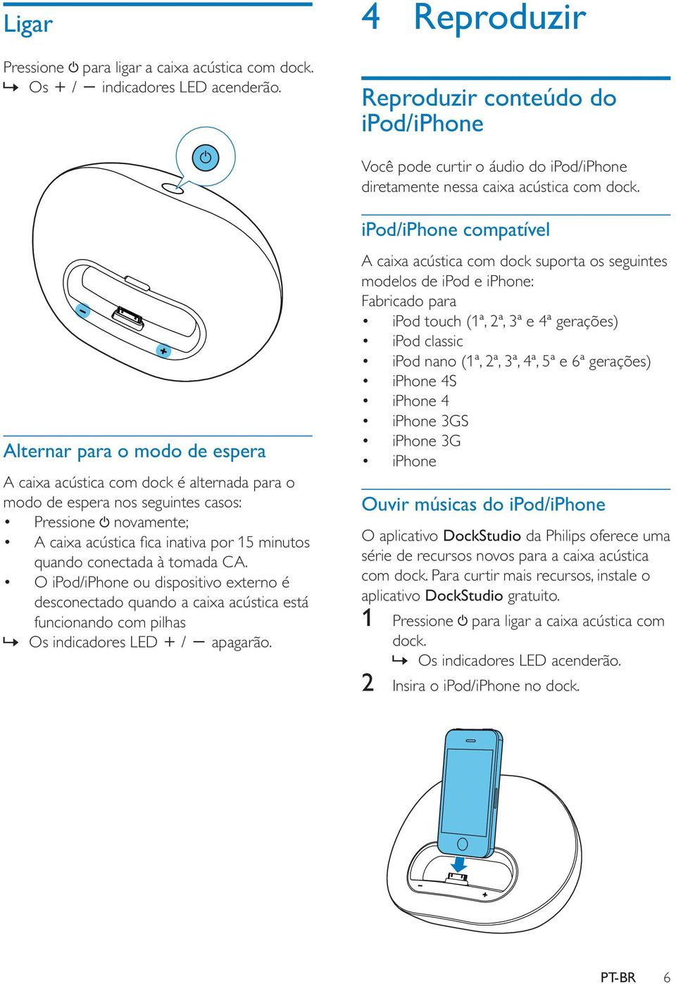 O ipod/iphone ou dispositivo externo é desconectado quando a caixa acústica está» Os indicadores LED / apagarão.