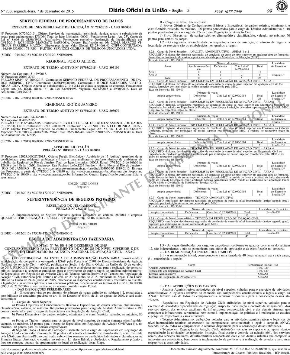 666 de 21/06/1993.. Justificativa: Fornecedor exclusivo Declaração de Inexigibilidade em 03/12/2015. ROBINSON MARGATO BARBOSA. Diretor. Ratificação em 03/12/2015. MARCOS VI- NICIUS FERREIRA MAZONI.