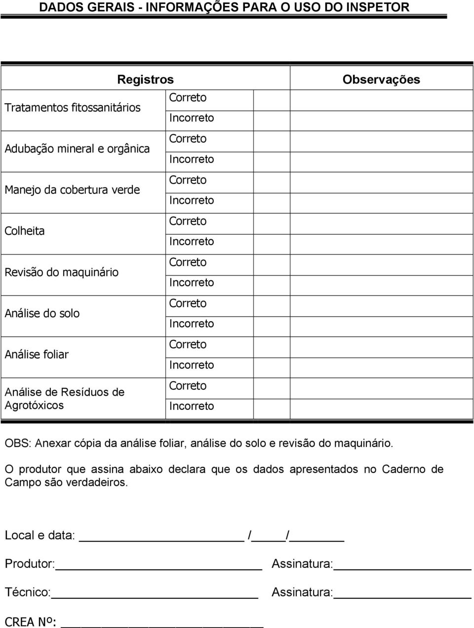 Incorreto Correto Incorreto Correto Incorreto Correto Incorreto Observações OBS: Anexar cópia da análise foliar, análise do solo e revisão do maquinário.
