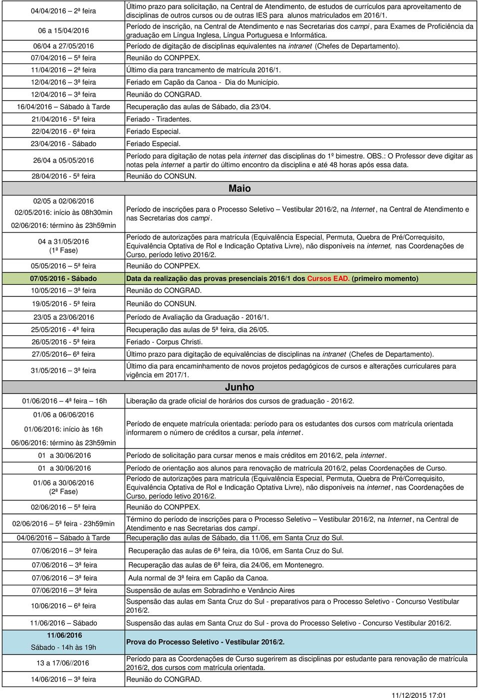 06/04 a 27/05/2016 Período de digitação de disciplinas equivalentes na intranet (Chefes de Departamento). 07/04/2016 5ª feira Reunião do CONPPEX.