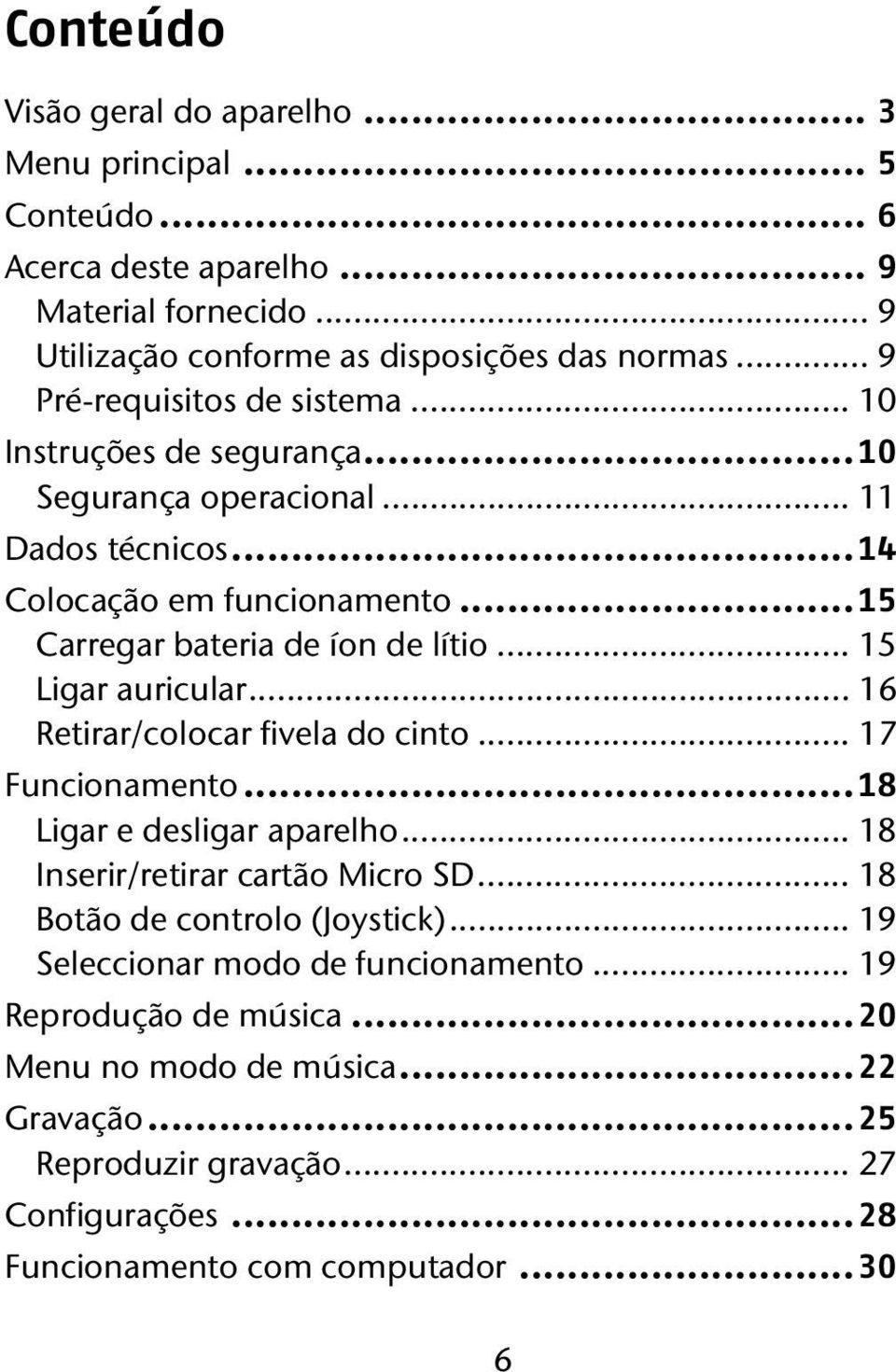 .. 15 Ligar auricular... 16 Retirar/colocar fivela do cinto... 17 Funcionamento... 18 Ligar e desligar aparelho... 18 Inserir/retirar cartão Micro SD... 18 Botão de controlo (Joystick).