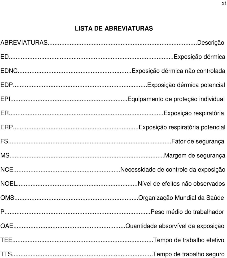 ..Fator de segurança MS...Margem de segurança NCE...Necessidade de controle da exposição NOEL...Nível de efeitos não observados OMS.