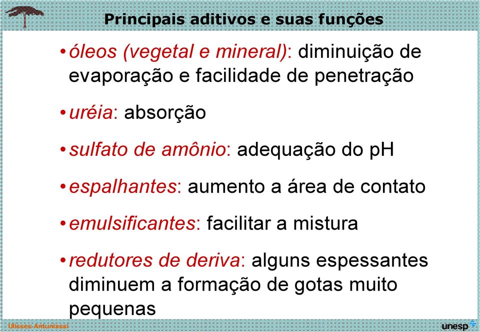 adequação do ph espalhantes: aumento a área de contato emulsificantes: facilitar