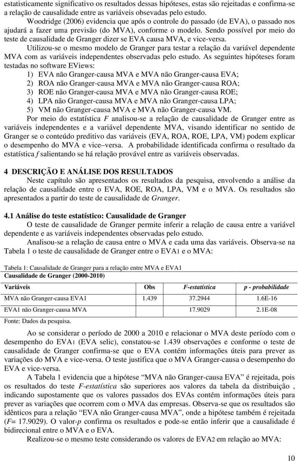 Sendo possível por meio do teste de causalidade de Granger dizer se EVA causa MVA, e vice-versa.