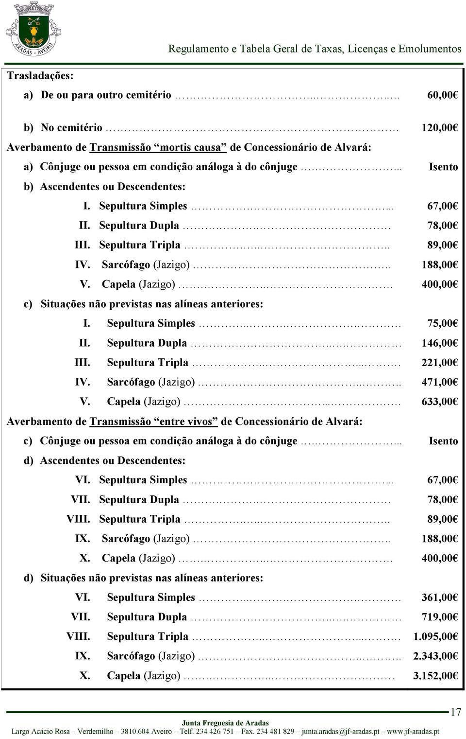 ... c) Situações não previstas nas alíneas anteriores: I. Sepultura Simples.... II. Sepultura Dupla... III. Sepultura Tripla...... IV. Sarcófago (Jazigo).... V. Capela (Jazigo).