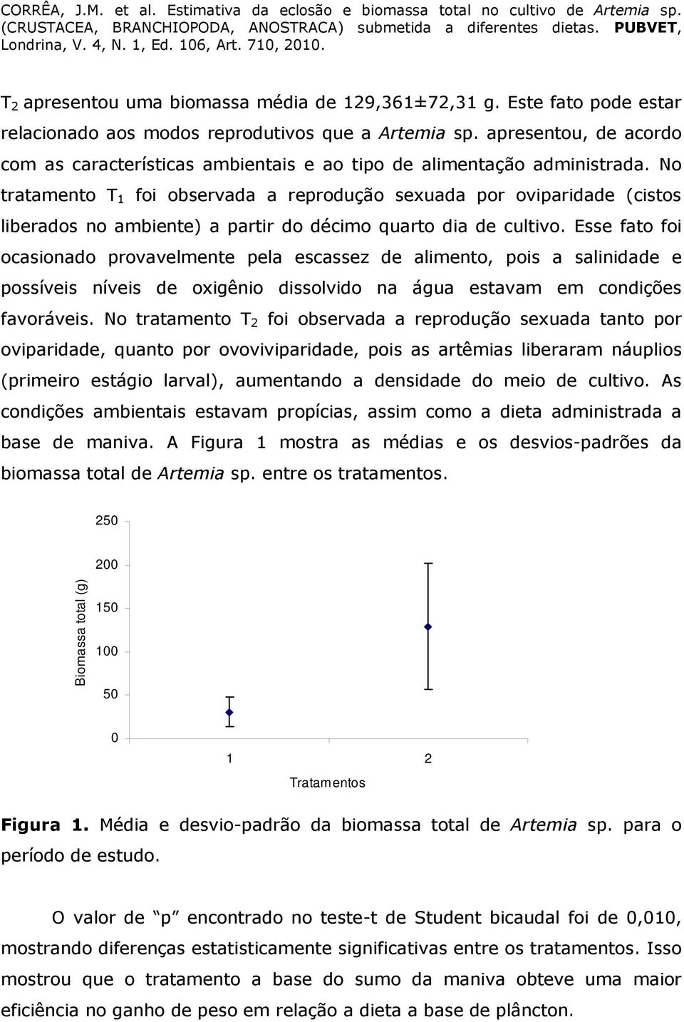 No tratamento T 1 foi observada a reprodução sexuada por oviparidade (cistos liberados no ambiente) a partir do décimo quarto dia de cultivo.