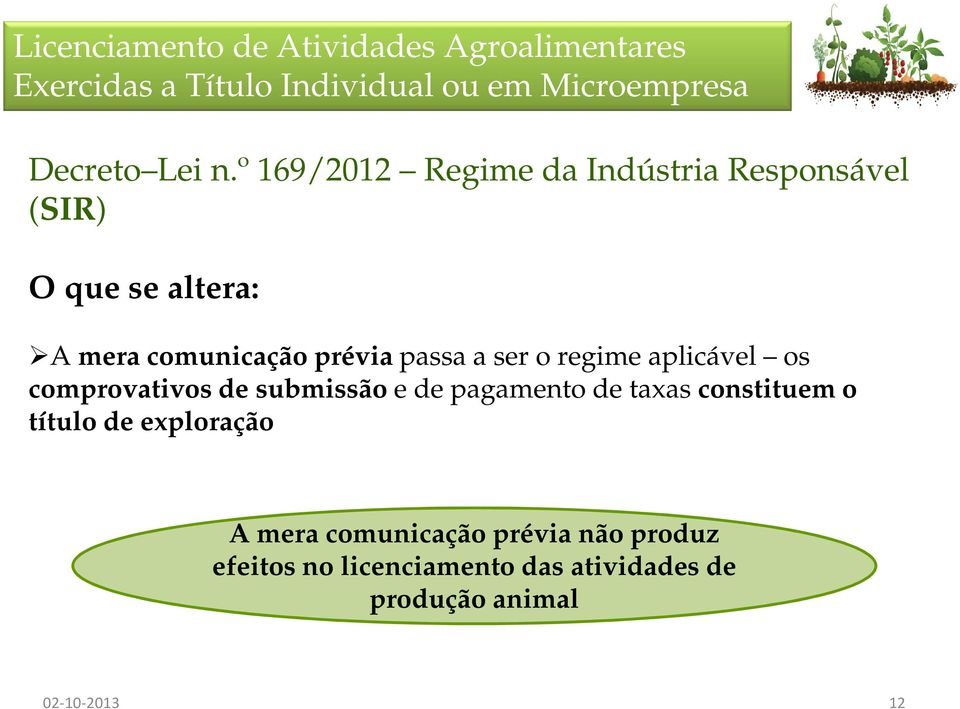 º 169/2012 Regime da Indústria Responsável (SIR) O que se altera: A mera comunicação prévia passa a ser o regime