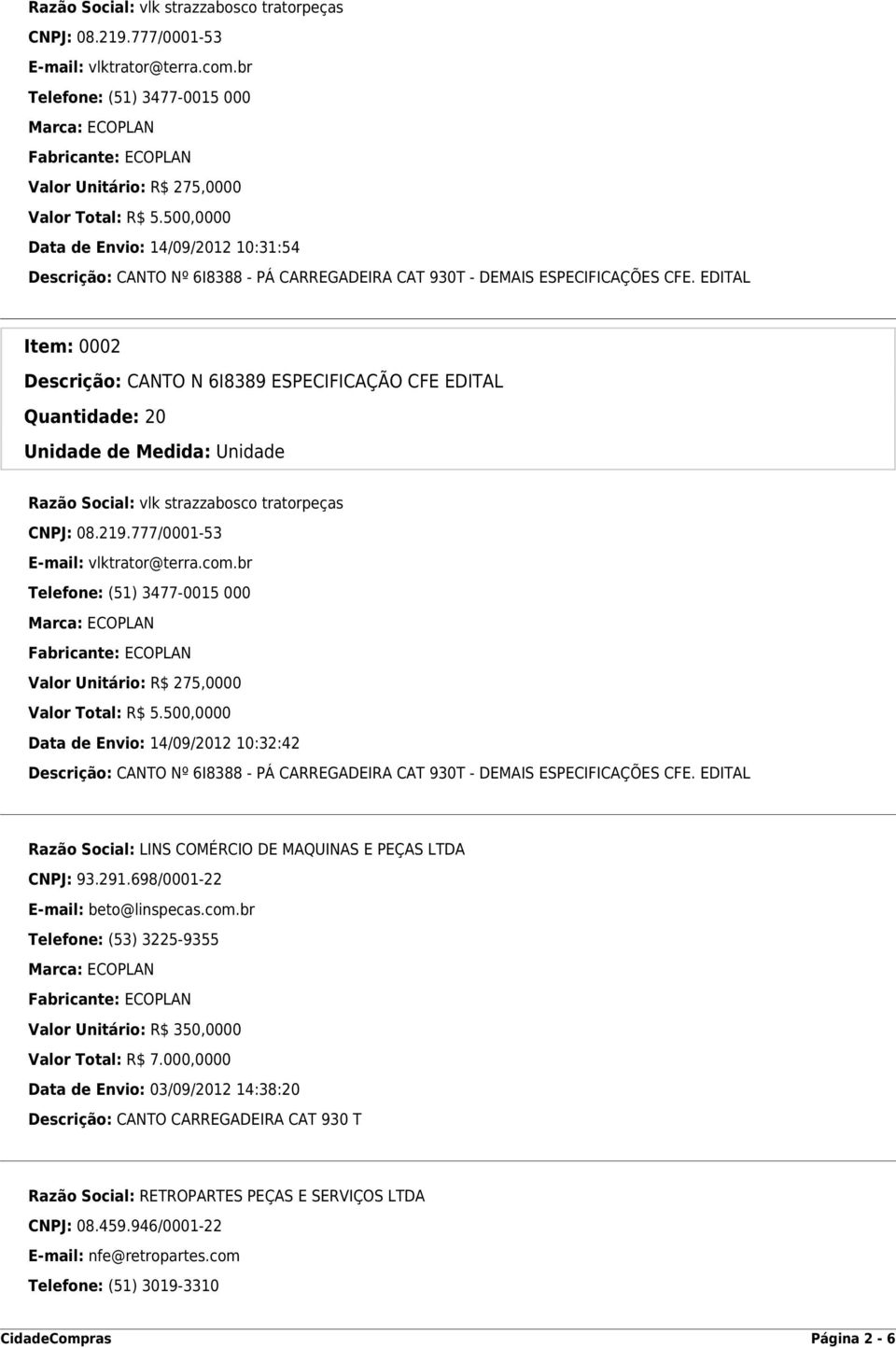 EDITAL Item: 0002 Descrição: CANTO N 6I8389 ESPECIFICAÇÃO CFE EDITAL Quantidade: 20 500,0000 Data de Envio: 14/09/2012 10:32:42 Descrição: CANTO Nº