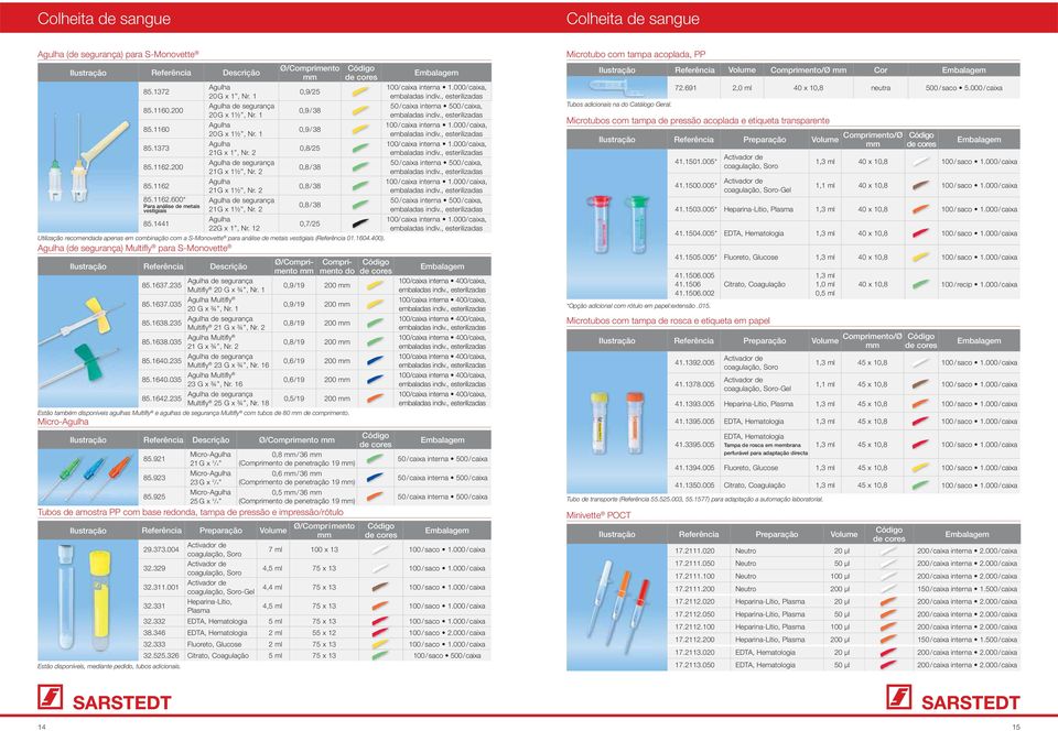 331 Heparina-Lítio, Plasma 4,5 ml 75 x 13 32.332 EDTA, Hematologia 5 ml 75 x 13 38.346 EDTA, Hematologia 2 ml 55 x 12 32.333 Fluoreto, Glucose 2 ml 75 x 13 32.525.