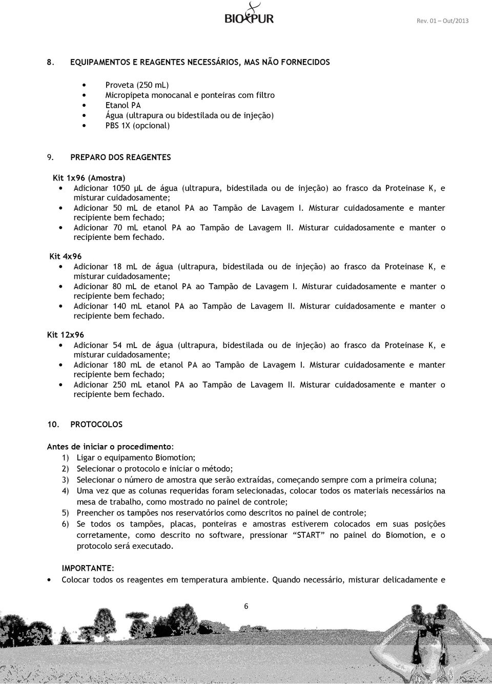 de Lavagem I. Misturar cuidadosamente e manter recipiente bem fechado; Adicionar 70 ml etanol PA ao Tampão de Lavagem II. Misturar cuidadosamente e manter o recipiente bem fechado.