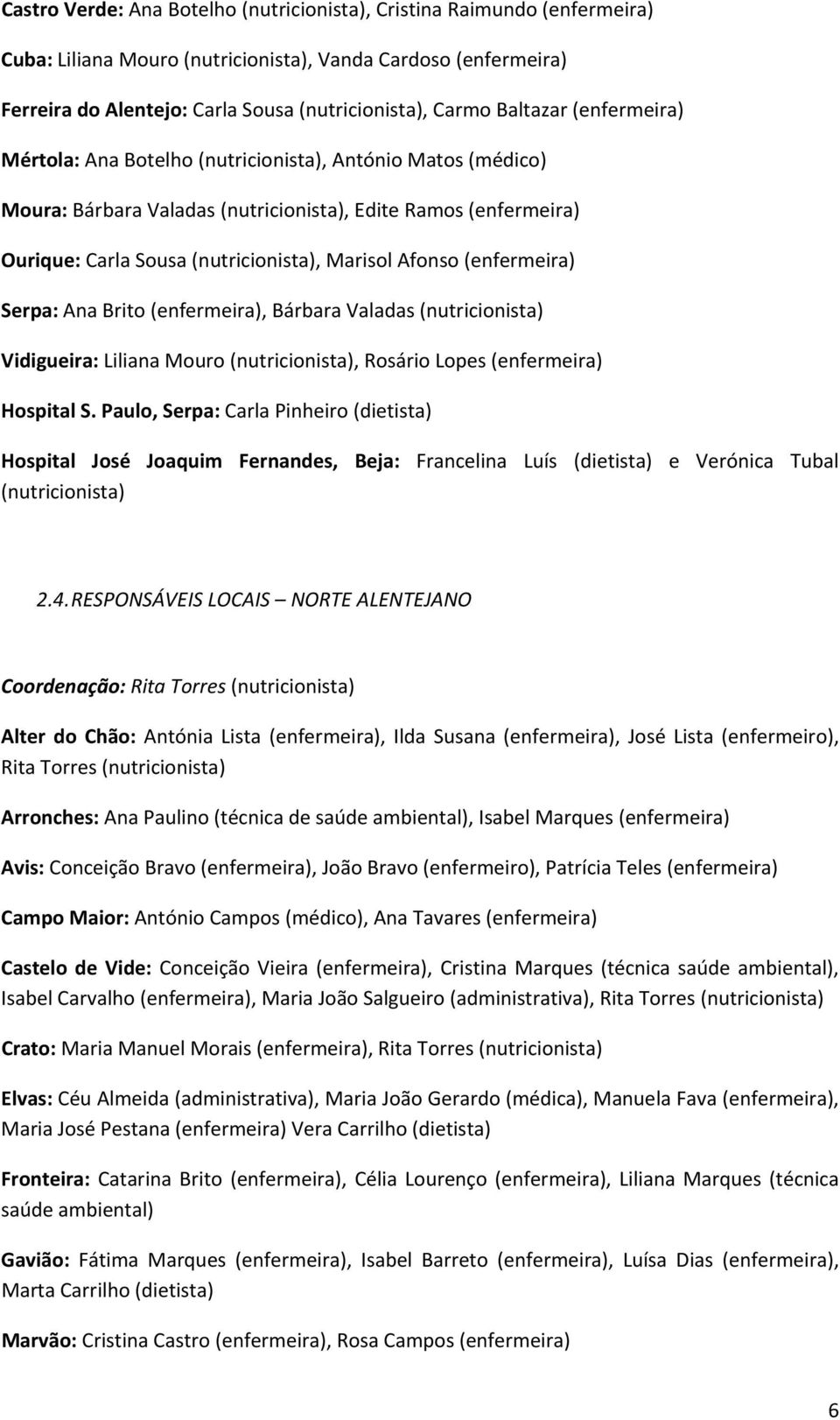 Afonso (enfermeira) Serpa: Ana Brito (enfermeira), Bárbara Valadas (nutricionista) Vidigueira: Liliana Mouro (nutricionista), Rosário Lopes (enfermeira) Hospital S.