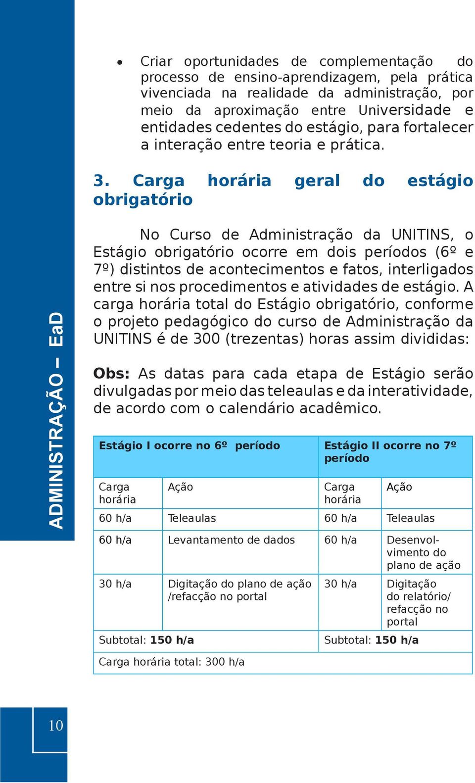 Carga horária geral do estágio obrigatório No Curso de Administração da UNITINS, o Estágio obrigatório ocorre em dois períodos (6º e 7º) distintos de acontecimentos e fatos, interligados entre si nos