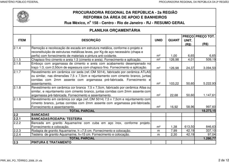 Fornecimento e aplicação. m² 126,98 24,37 3.094,50 2.1.7 Revestimento em cerâmica cor seda (ref.