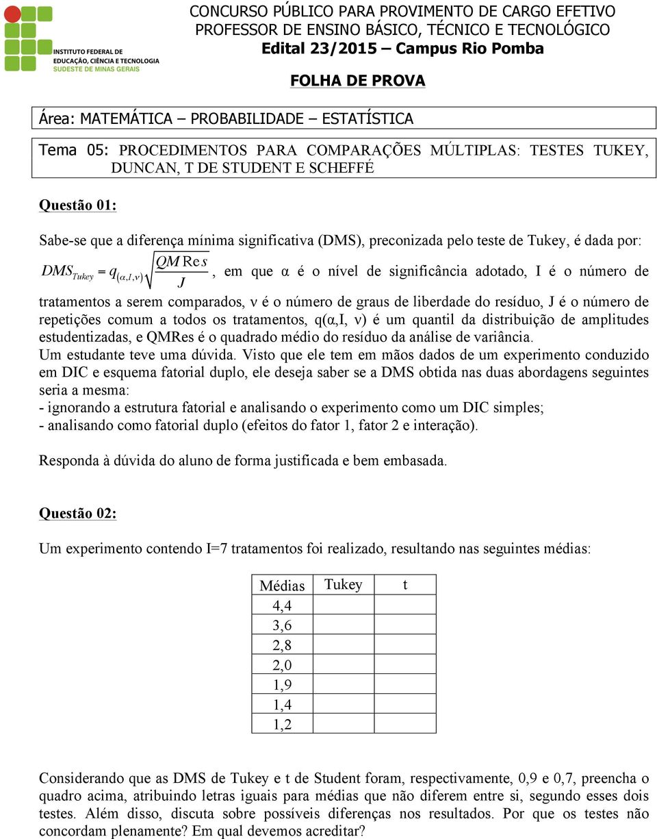 a todos os tratamentos, q(α,i, ν) é um quantil da distribuição de amplitudes estudentizadas, e QMRes é o quadrado médio do resíduo da análise de variância. Um estudante teve uma dúvida.