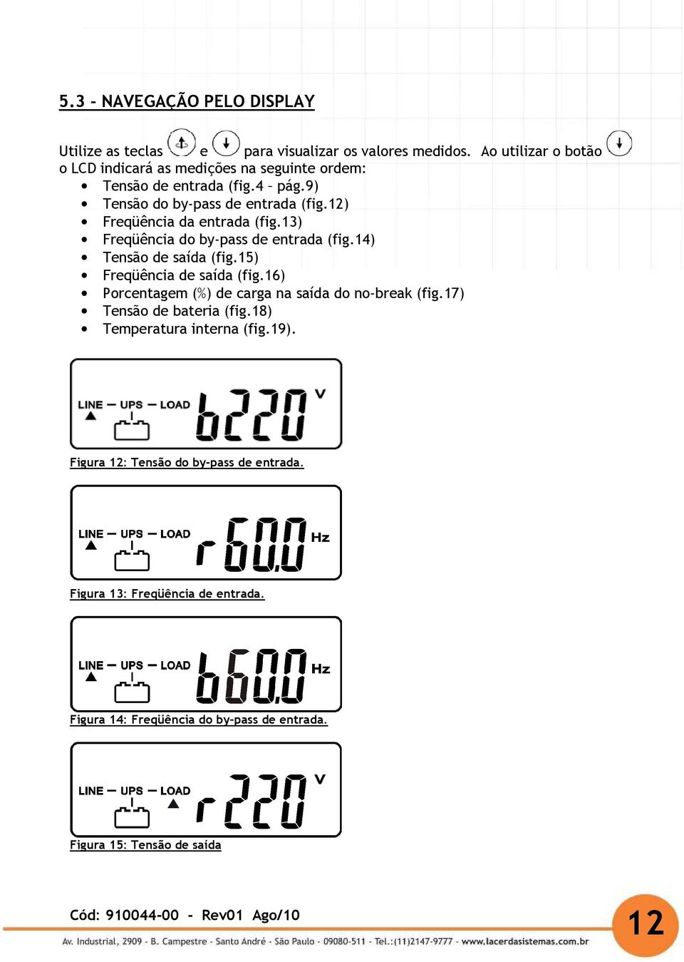 12) Freqüência da entrada (fig.13) Freqüência do by-pass de entrada (fig.14) Tensão de saída (fig.15) Freqüência de saída (fig.