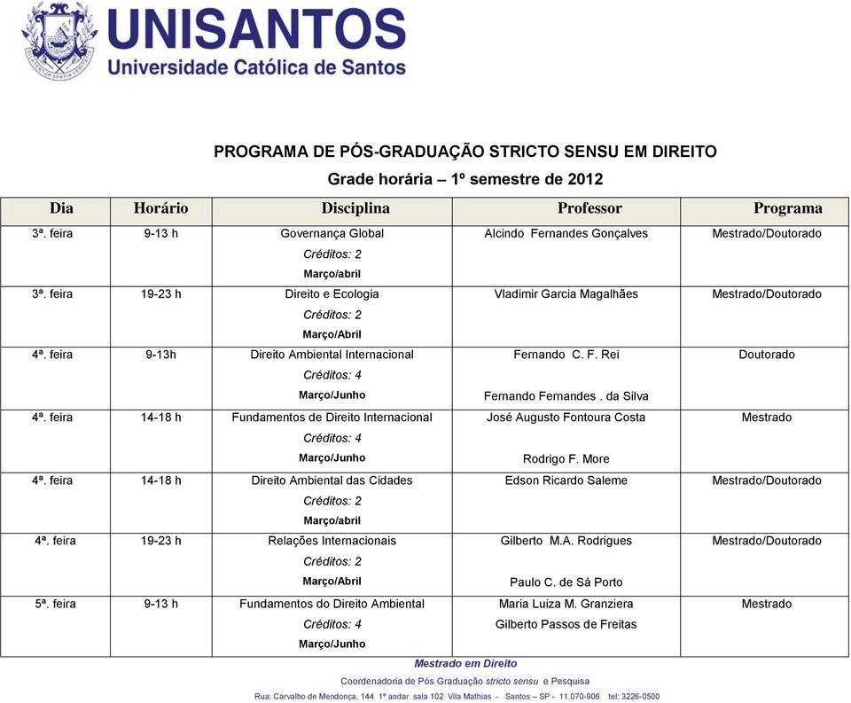 feira 9-13h Direito Ambiental Internacional Fernando C. F. Rei Doutorado Março/Junho Fernando Fernandes. da Silva 4ª.