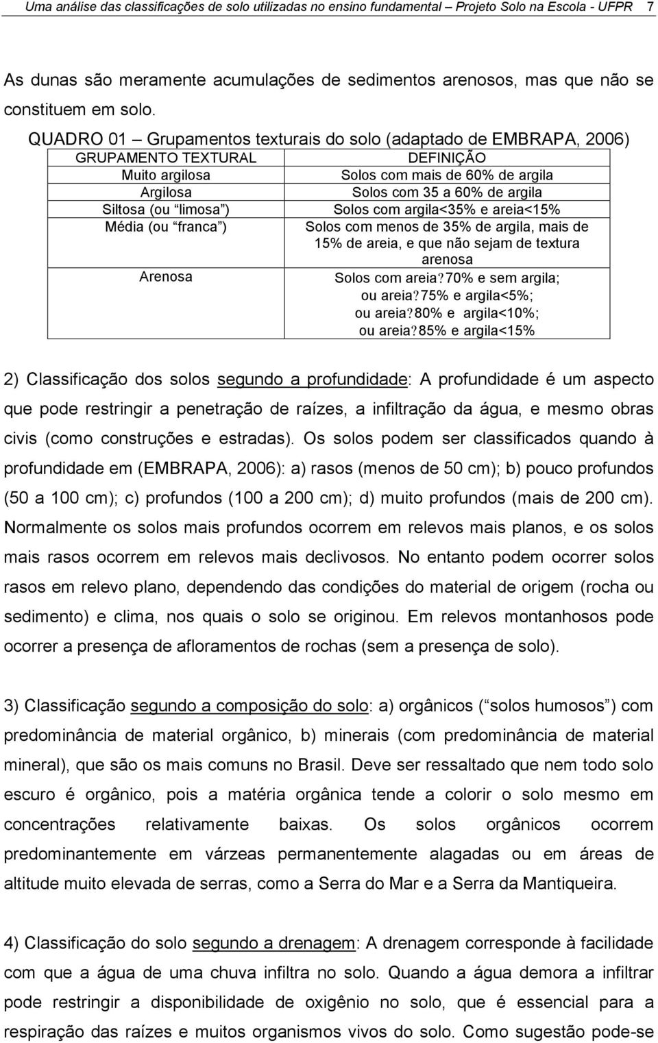 argila Solos com 35 a 60% de argila Solos com argila<35% e areia<15% Solos com menos de 35% de argila, mais de 15% de areia, e que não sejam de textura arenosa Solos com areia?