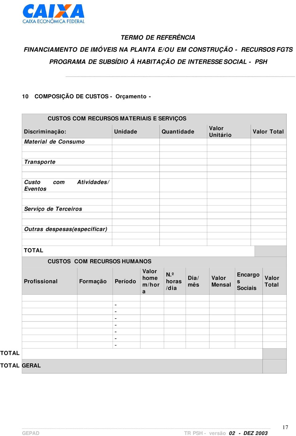 de Terceiros Outras despesas(especificar) TOTAL CUSTOS COM RECURSOS HUMANOS Profissional Formação Período