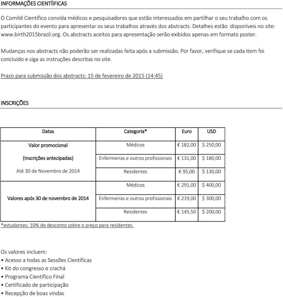 Mudanças nos abstracts não poderão ser realizadas feita após a submissão. Por favor, verifique se cada item foi concluído e siga as instruções descritas no site.