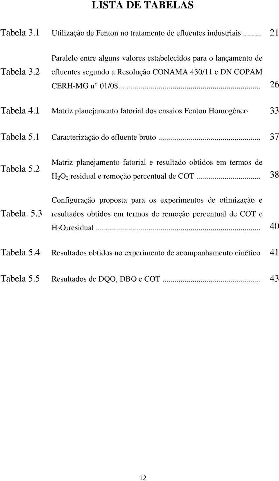 1 Matriz planejamento fatorial dos ensaios Fenton Homogêneo 33 Tabela 5.1 Caracterização do efluente bruto... 37 Tabela 5.2 Tabela. 5.3 Matriz planejamento fatorial e resultado obtidos em termos de H 2 O 2 residual e remoção percentual de COT.