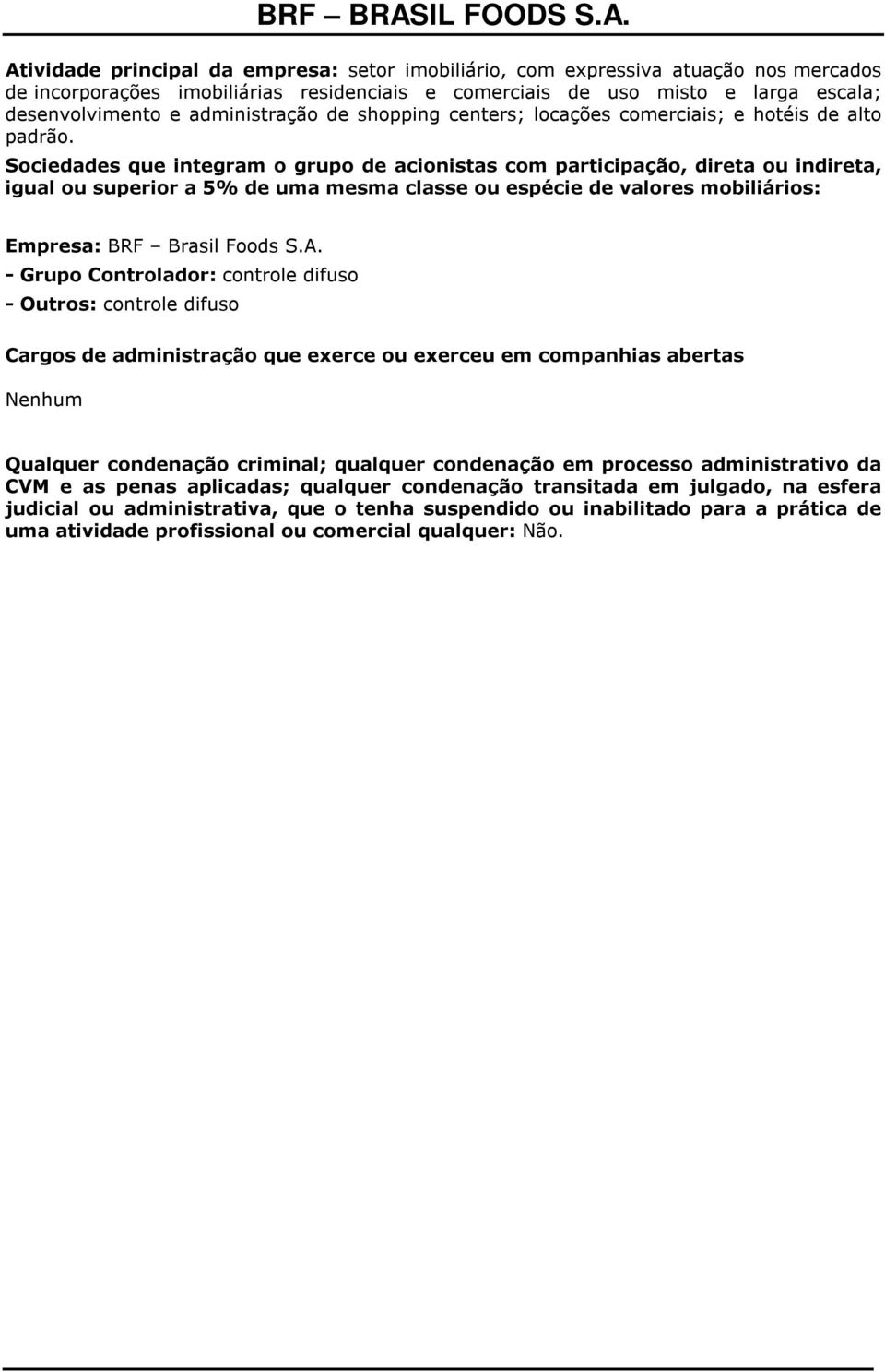 Sociedades que integram o grupo de acionistas com participação, direta ou indireta, igual ou superior a 5% de uma mesma classe ou espécie de valores mobiliários: Empresa: BRF Brasil Foods S.A.