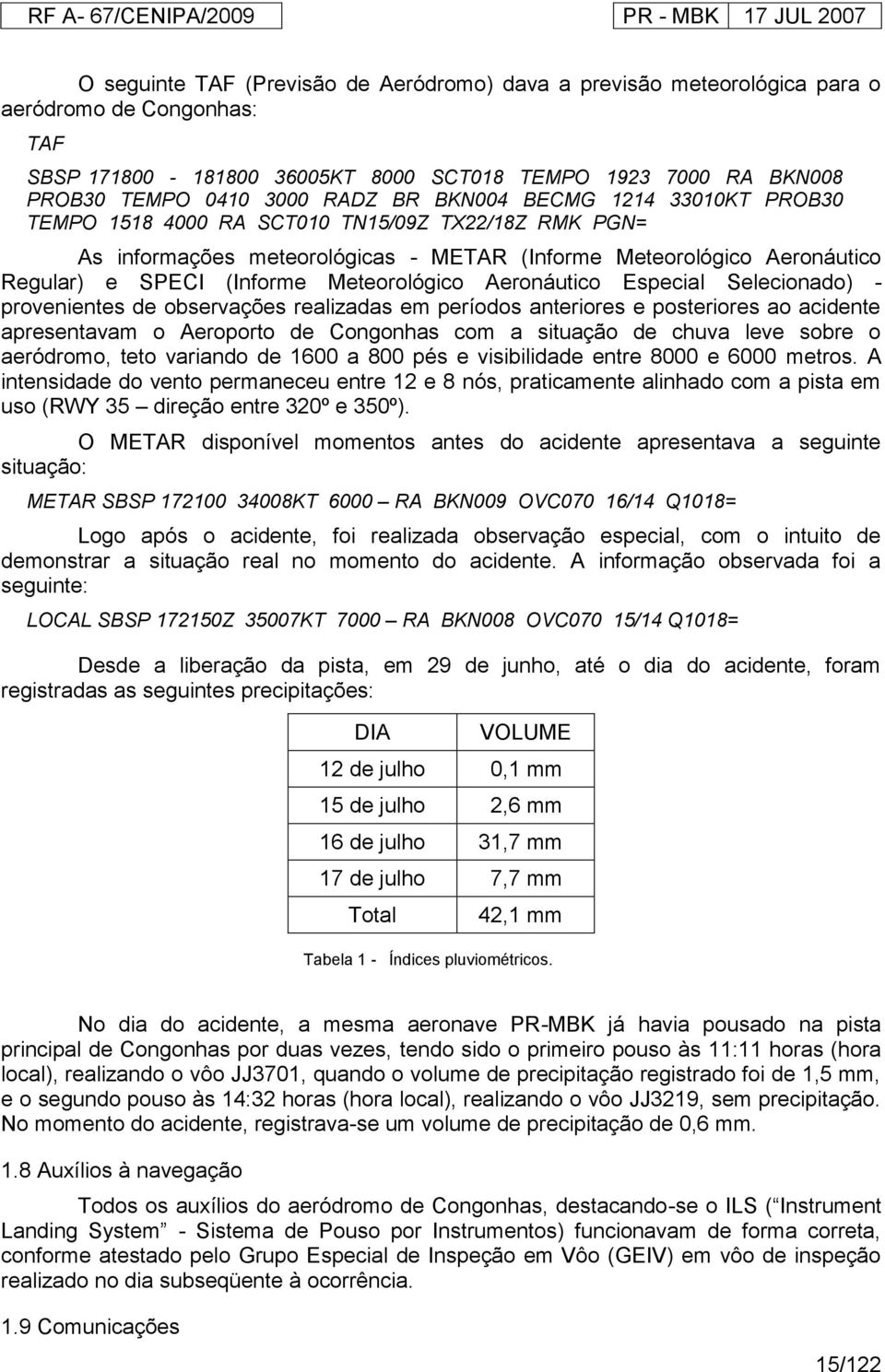 Aeronáutico Especial Selecionado) - provenientes de observações realizadas em períodos anteriores e posteriores ao acidente apresentavam o Aeroporto de Congonhas com a situação de chuva leve sobre o