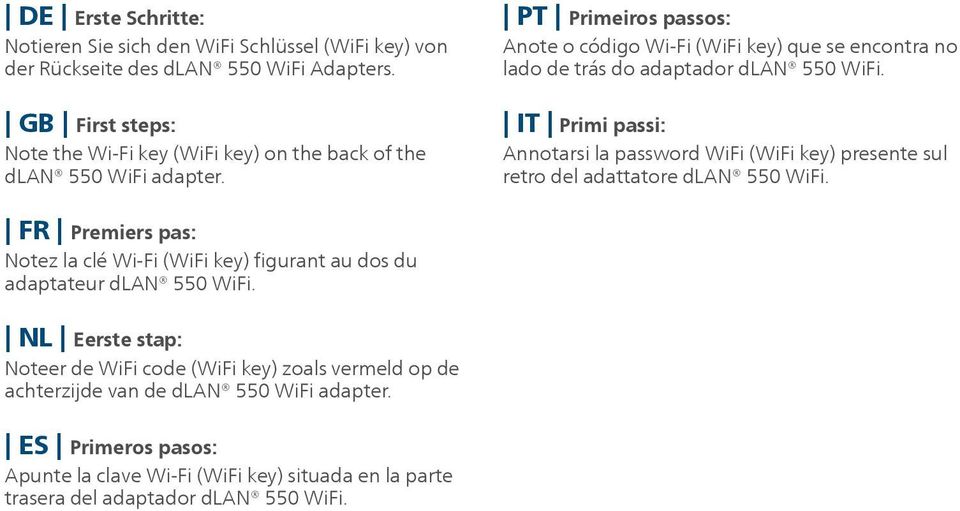 PT Primeiros passos: Anote o código Wi-Fi (WiFi key) que se encontra no lado de trás do adaptador dlan 550 WiFi.