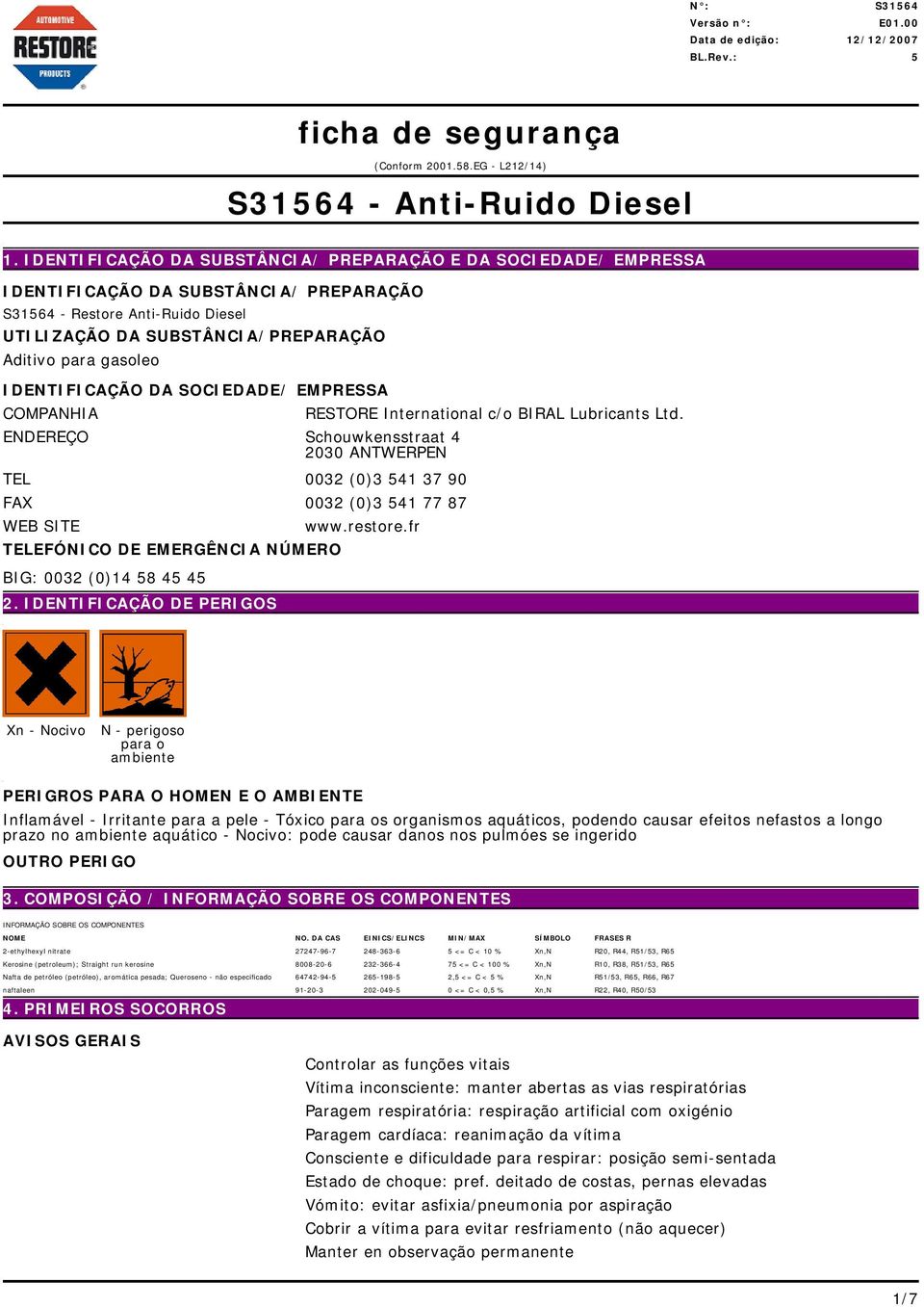 ANTWERPEN TEL 0032 (0)3 541 37 90 FAX 0032 (0)3 541 77 87 WEB SITE TELEFÓNICO DE EMERGÊNCIA NÚMERO BIG: 0032 (0)14 58 45 45 2 IDENTIFICAÇÃO DE PERIGOS RESTORE International c/o BIRAL Lubricants Ltd