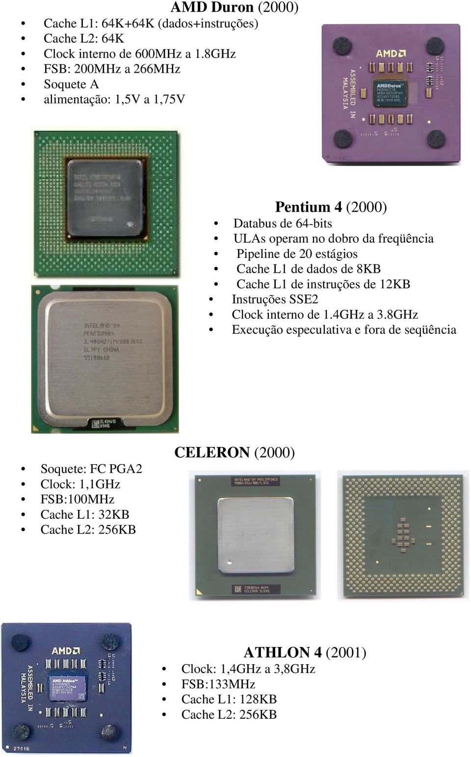 Cache L1 de dados de 8KB Cache L1 de instruções de 12KB Instruções SSE2 Clock interno de 1.4GHz a 3.