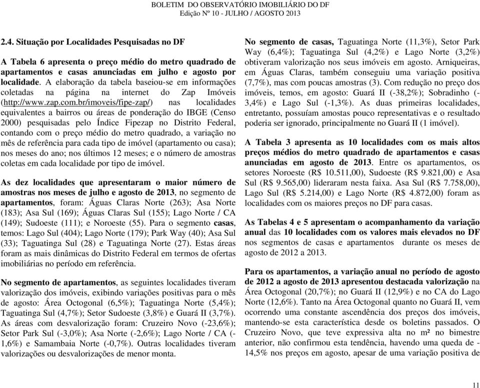 br/imoveis/fipe-zap/) nas localidades equivalentes a bairros ou áreas de ponderação do IBGE (Censo 2000) pesquisadas pelo Índice Fipezap no Distrito Federal, contando com o preço médio do metro