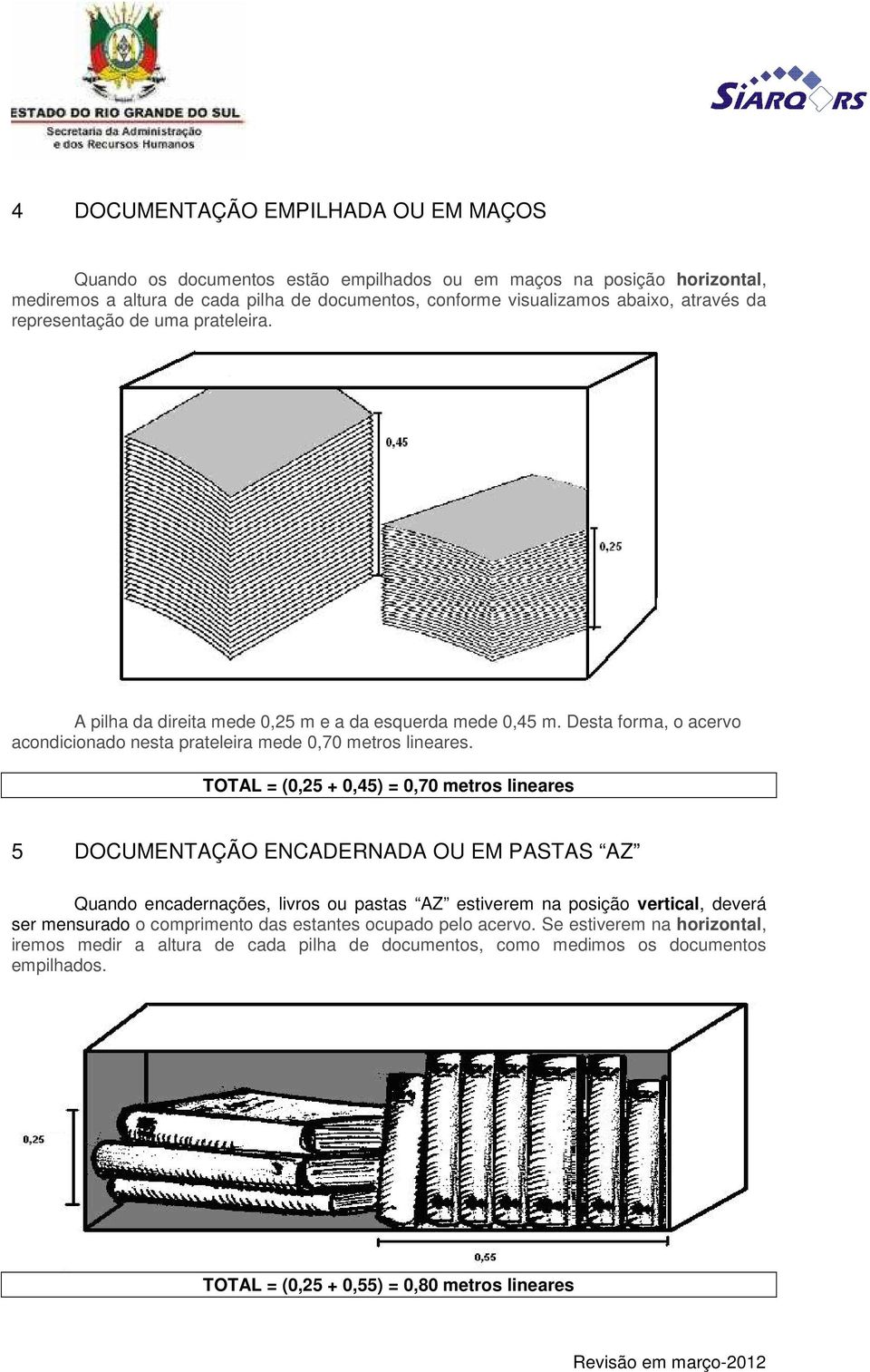 TOTAL = (0,25 + 0,45) = 0,70 metros lineares 5 DOCUMENTAÇÃO ENCADERNADA OU EM PASTAS AZ Quando encadernações, livros ou pastas AZ estiverem na posição vertical, deverá ser mensurado o