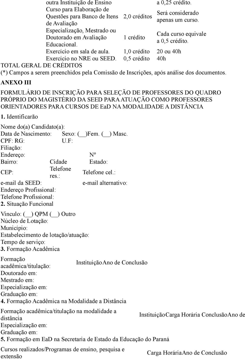 0,5 crédito 40h TOTAL GERAL DE CRÉDITOS (*) Campos a serem preenchidos pela Comissão de Inscrições, após análise dos documentos.