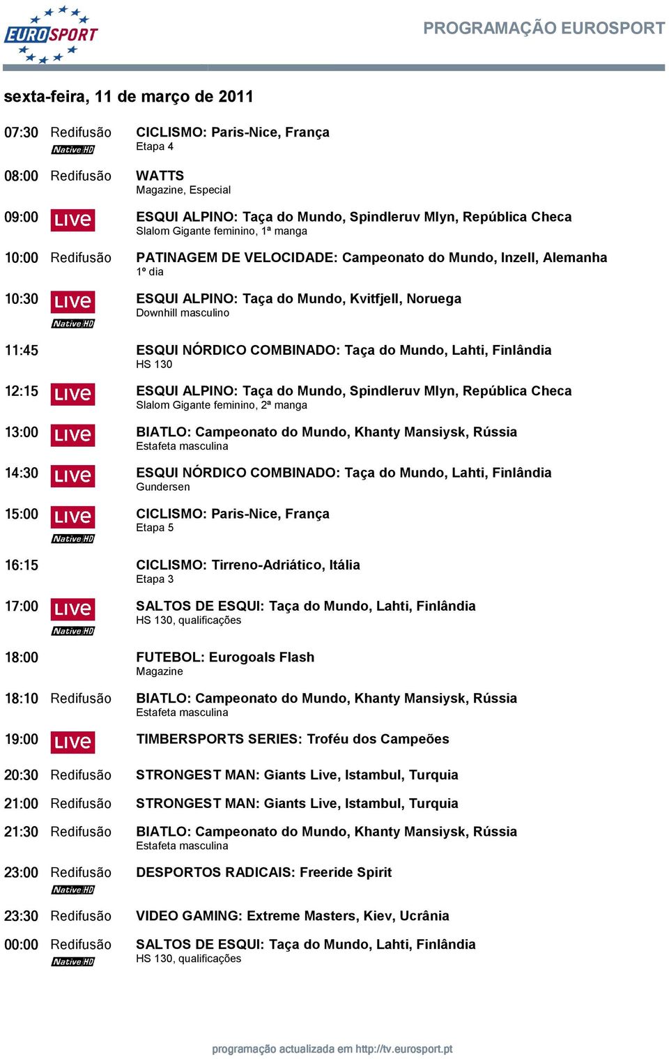 NÓRDICO COMBINADO: Taça do Mundo, Lahti, Finlândia HS 130 12:15 ESQUI ALPINO: Taça do Mundo, Spindleruv Mlyn, República Checa Slalom Gigante feminino, 2ª manga 13:00 BIATLO: Campeonato do Mundo,