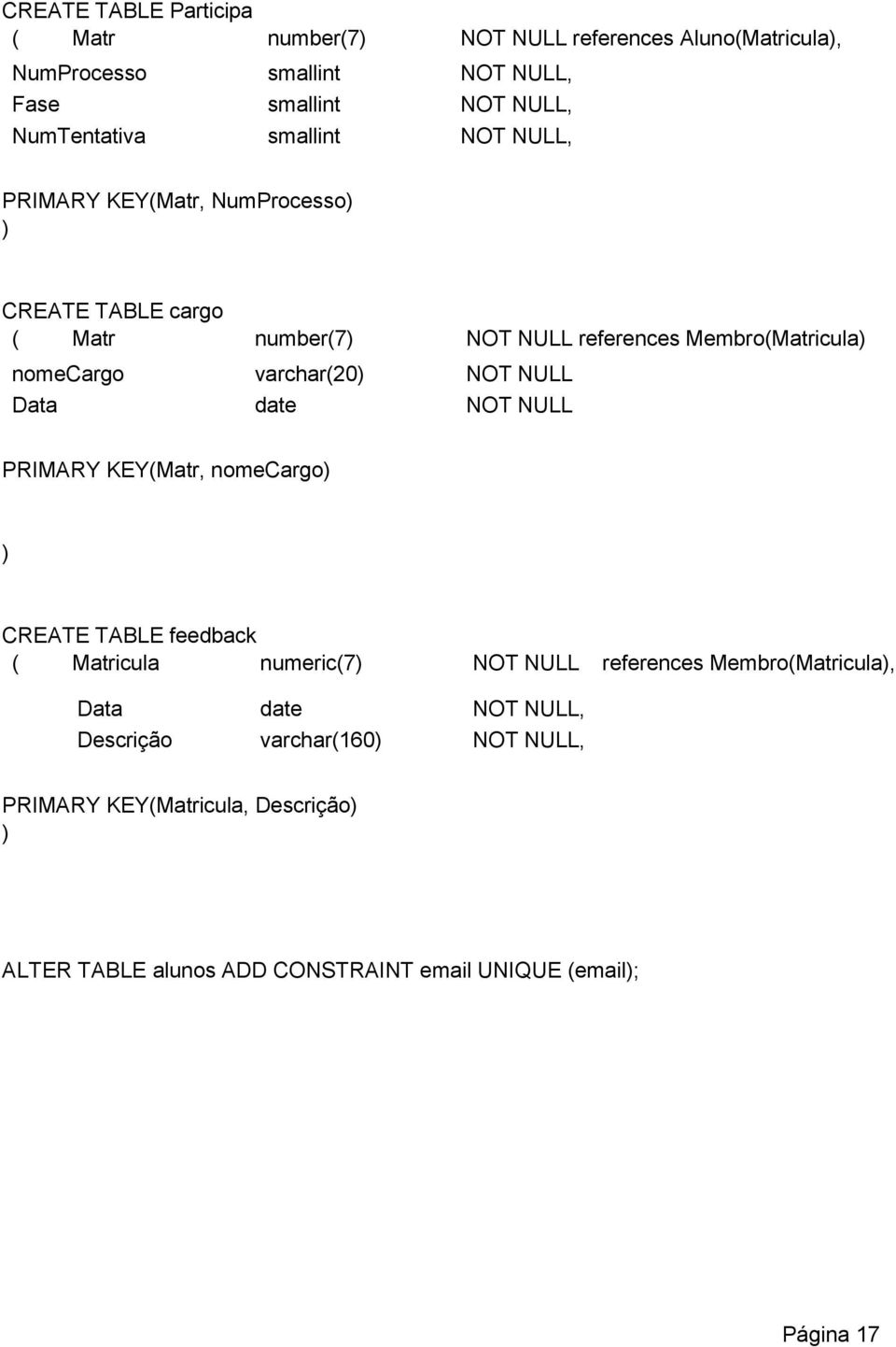 NOT NULL Data date NOT NULL PRIMARY KEY(Matr, nomecargo) ) CREATE TABLE feedback ( Matricula numeric(7) NOT NULL references Membro(Matricula), Data