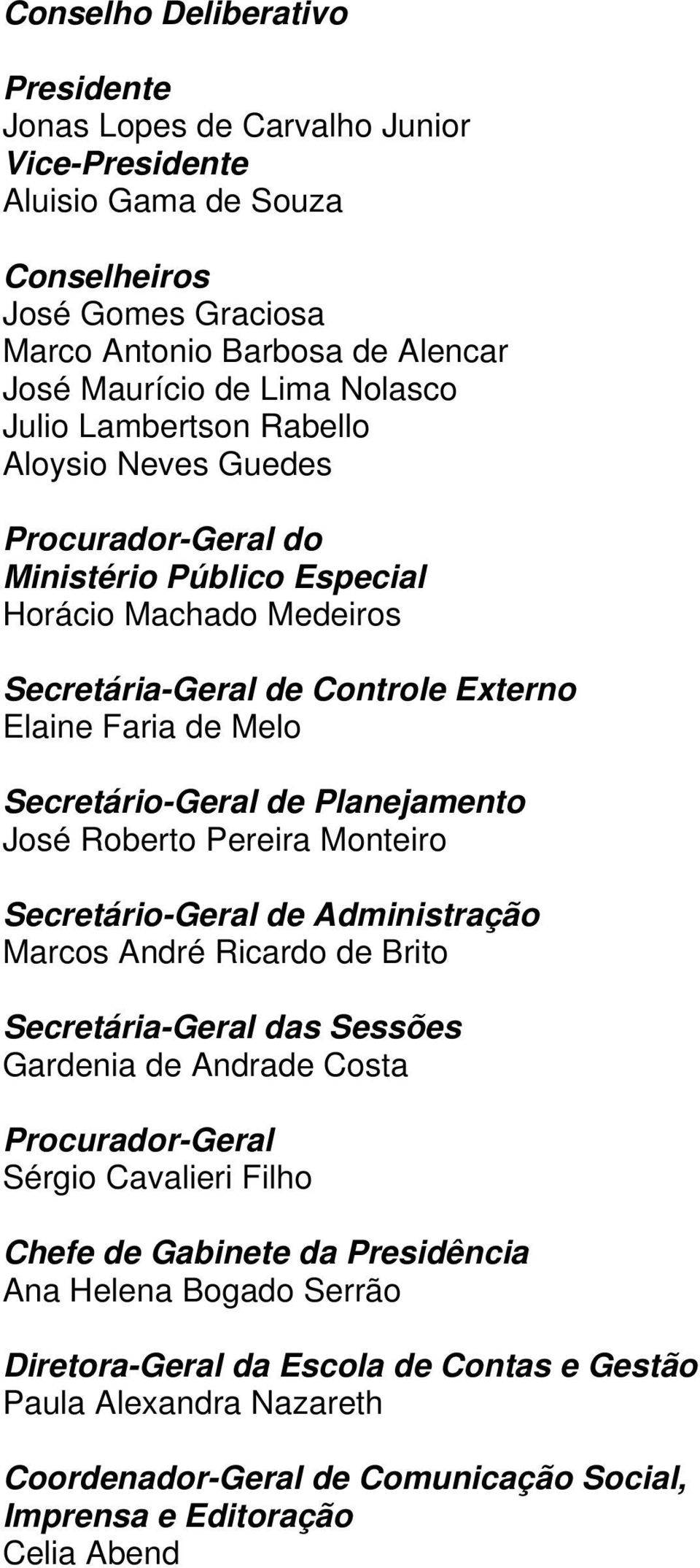 Planejamento José Roberto Pereira Monteiro Secretário-Geral de Administração Marcos André Ricardo de Brito Secretária-Geral das Sessões Gardenia de Andrade Costa Procurador-Geral Sérgio Cavalieri