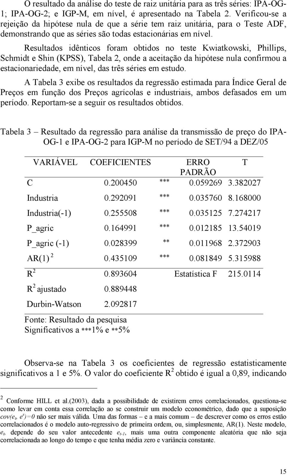 Resultados idênticos foram obtidos no teste Kwiatkowski, Phillips, Schmidt e Shin (KPSS), Tabela 2, onde a aceitação da hipótese nula confirmou a estacionariedade, em nível, das três séries em estudo.