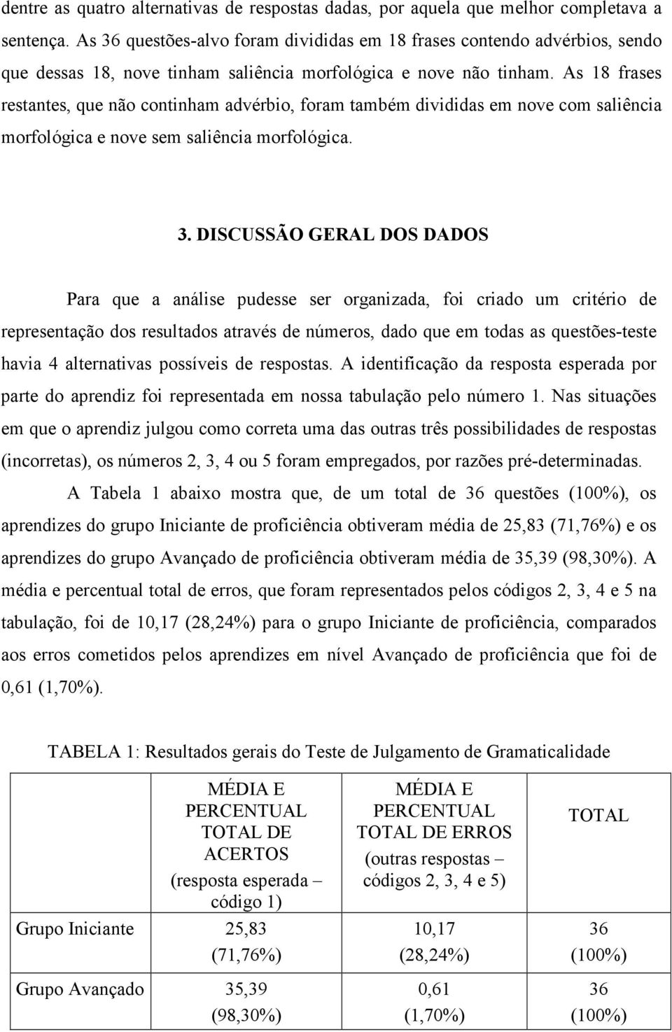 As 18 frases restantes, que não continham advérbio, foram também divididas em nove com saliência morfológica e nove sem saliência morfológica. 3.