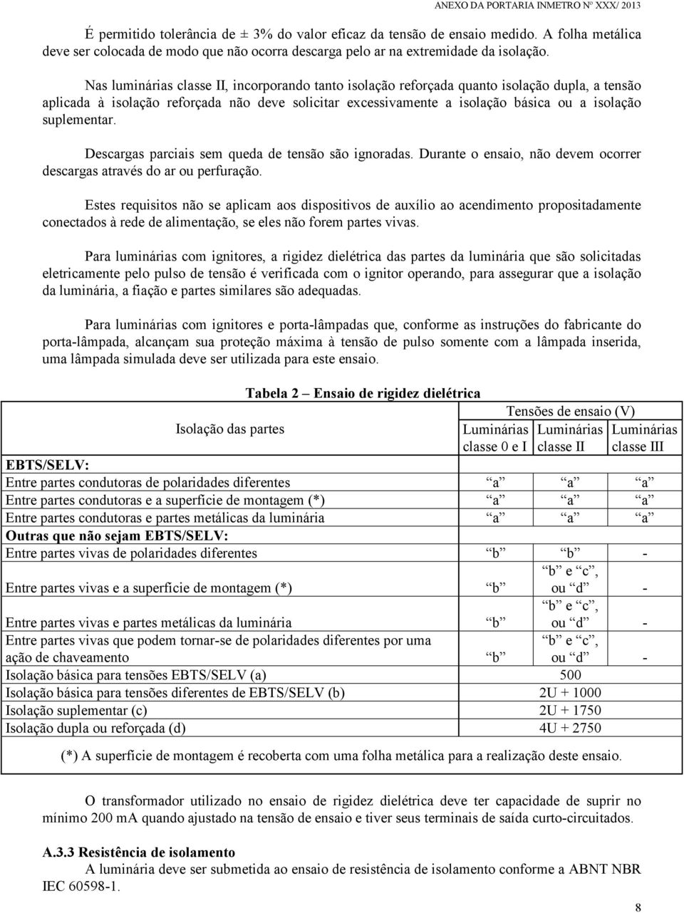 suplementar. Descargas parciais sem queda de tensão são ignoradas. Durante o ensaio, não devem ocorrer descargas através do ar ou perfuração.