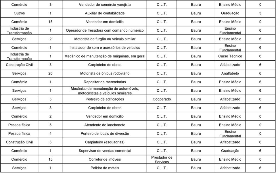 Carpinteiro de obras Bauru Alfabetizado 2 Motorista de ônibus rodoviário Bauru Analfabeto Comércio 1 Repositor de mercadorias Bauru Médio Mecânico de manutenção de automóveis, motocicletas e veículos