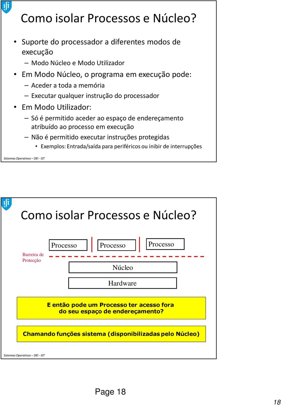 instrução do processador Em Modo Utilizador: Só é permitido aceder ao espaço de endereçamento atribuído ao processo em execução Não é permitido executar instruções