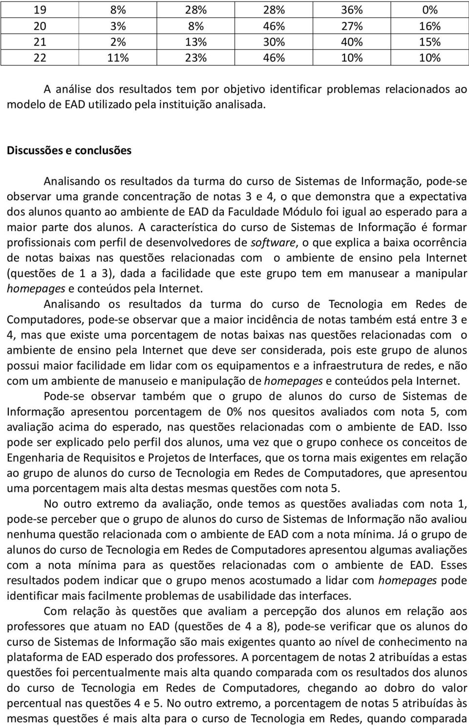 Discussões e conclusões Analisando os resultados da turma do curso de Sistemas de Informação, pode-se observar uma grande concentração de notas 3 e 4, o que demonstra que a expectativa dos alunos