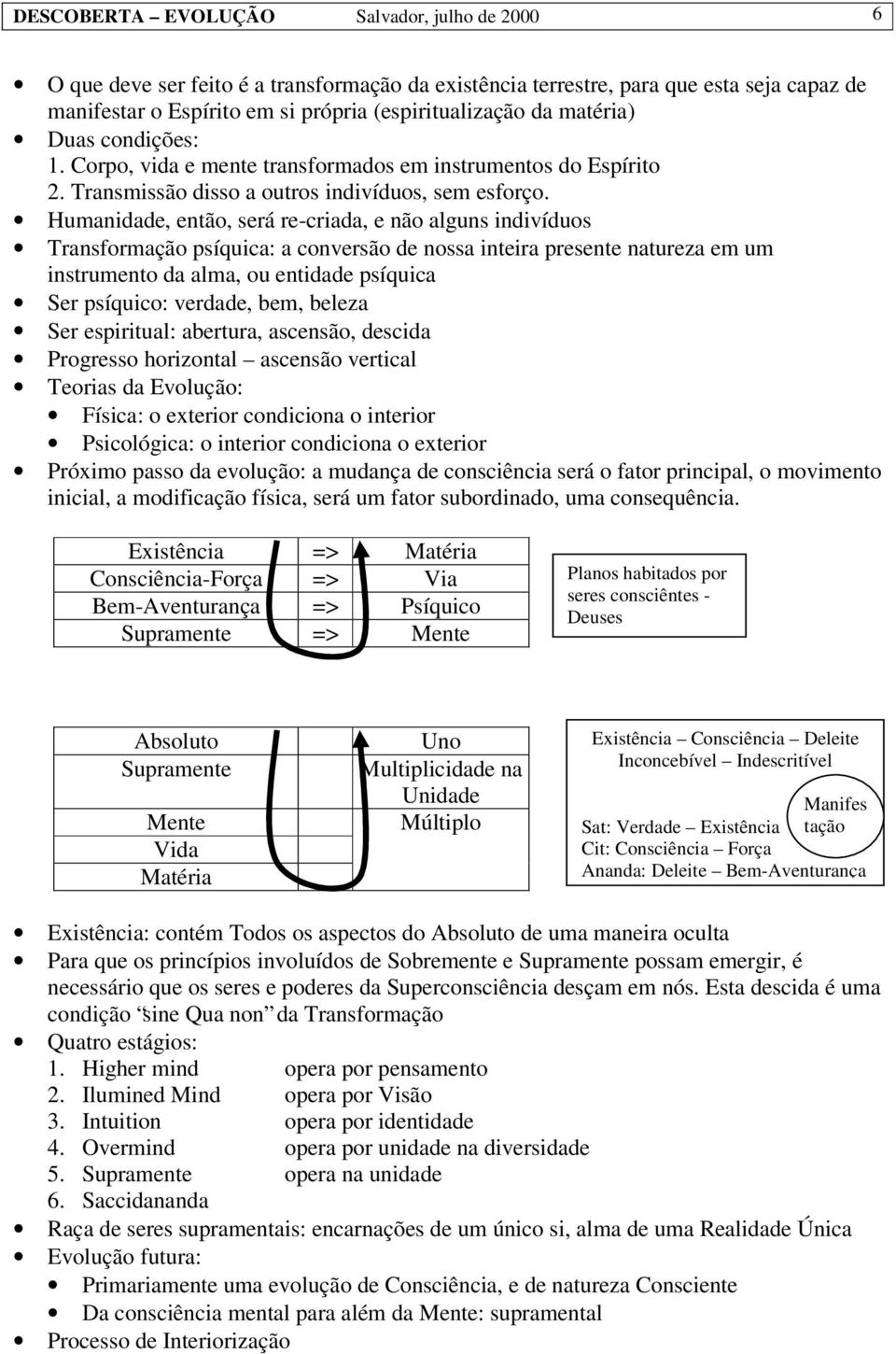 Humanidade, então, será re-criada, e não alguns indivíduos Transformação psíquica: a conversão de nossa inteira presente natureza em um instrumento da alma, ou entidade psíquica Ser psíquico: