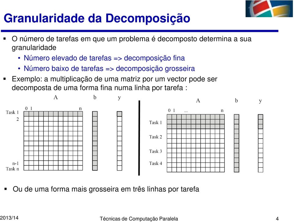 grosseira Exemplo: a multiplicação de uma matriz por um vector pode ser decomposta de uma forma fina numa