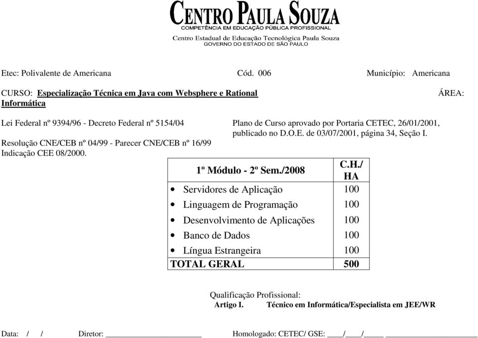 aprovado por Portaria CETEC, 26/01/2001, publicado no D.O.E. de 03/07/2001, página 34, Seção I. Resolução CNE/CEB nº 04/99 - Parecer CNE/CEB nº 16/99 Indicação CEE 08/2000.