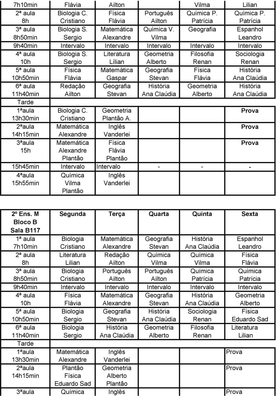 Literatura Geometria Filosofia Sociologia 10h Sergio Lílian Alberto Renan Renan 5ª aula Física Matemática Geografia Física História 10h50min Flávia Gaspar Stevan Flávia Ana Claúdia 6ª aula Redação
