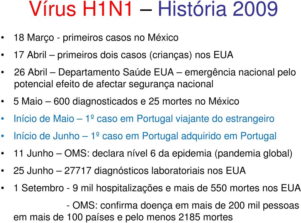 Início de Junho 1º caso em Portugal adquirido em Portugal 11 Junho OMS: declara nível 6 da epidemia (pandemia global) 25 Junho 27717 diagnósticos laboratoriais